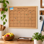 Custom Laser-Engraved Cork Notice Board | Wood Frame — monthly planner in a family command center