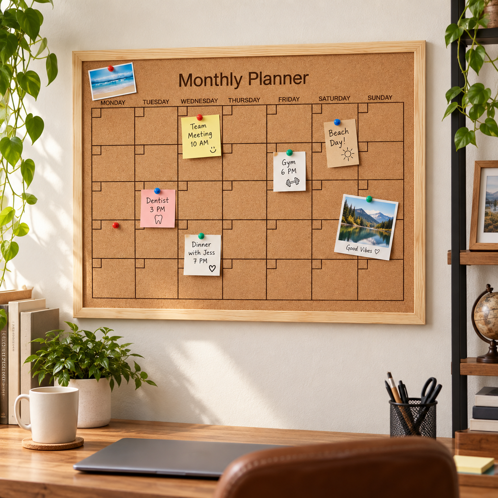 Custom Laser-Engraved Cork Notice Board | Wood Frame — monthly planner in a home office