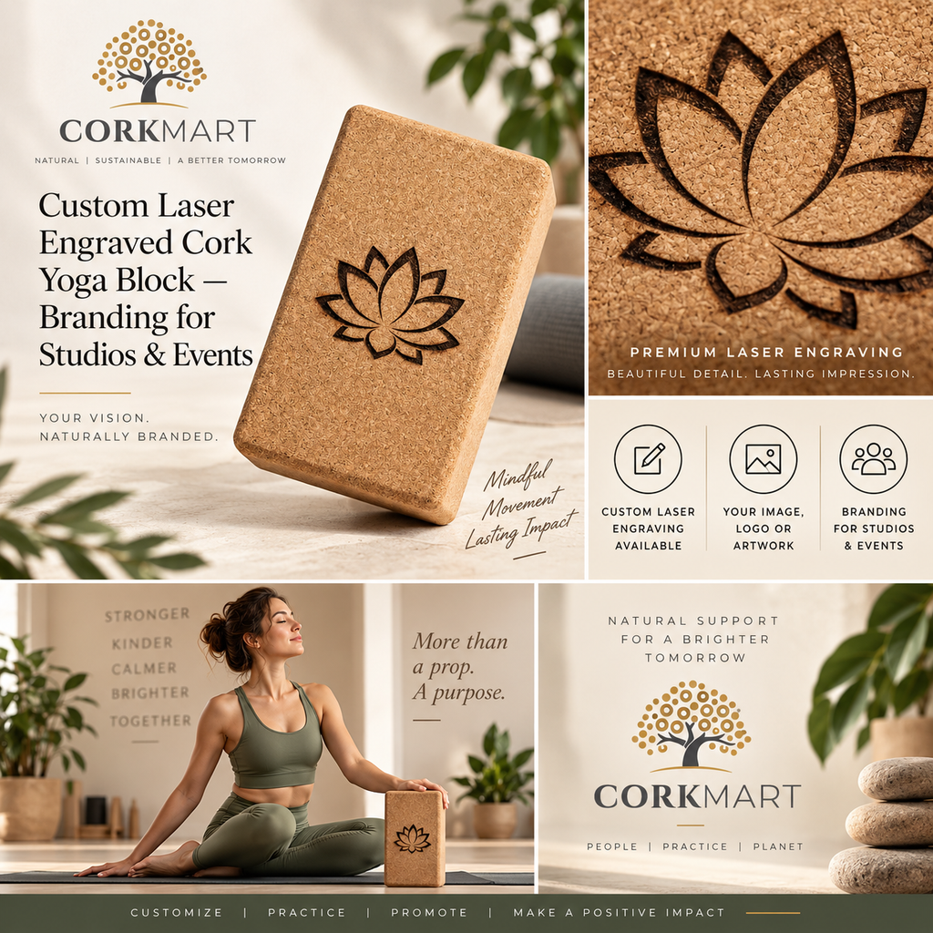 CorkMart editorial collage presenting custom cork yoga blocks with laser engraving of the customer's image, logo or artwork.