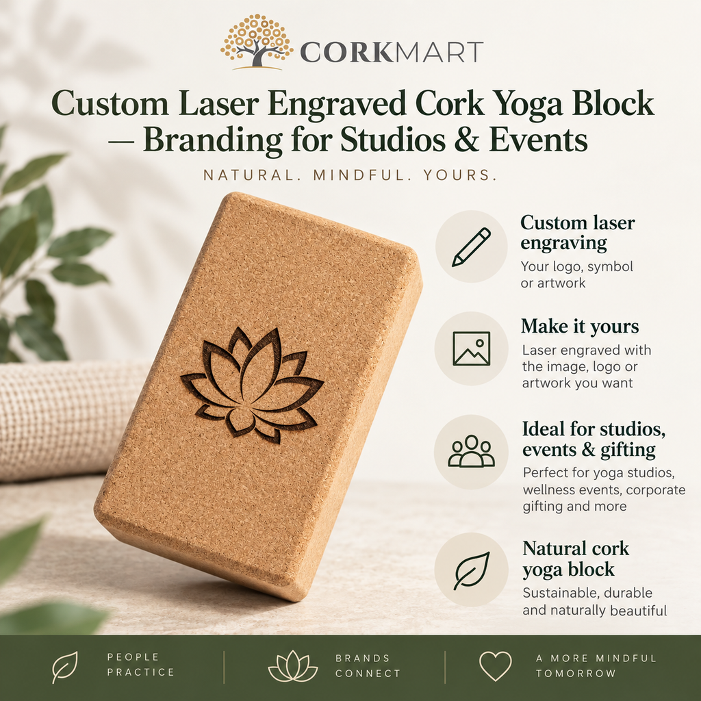 CorkMart infographic showing custom laser engraving of a customer's image, logo or artwork on a cork yoga block.