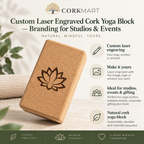 CorkMart infographic showing custom laser engraving of a customer's image, logo or artwork on a cork yoga block.