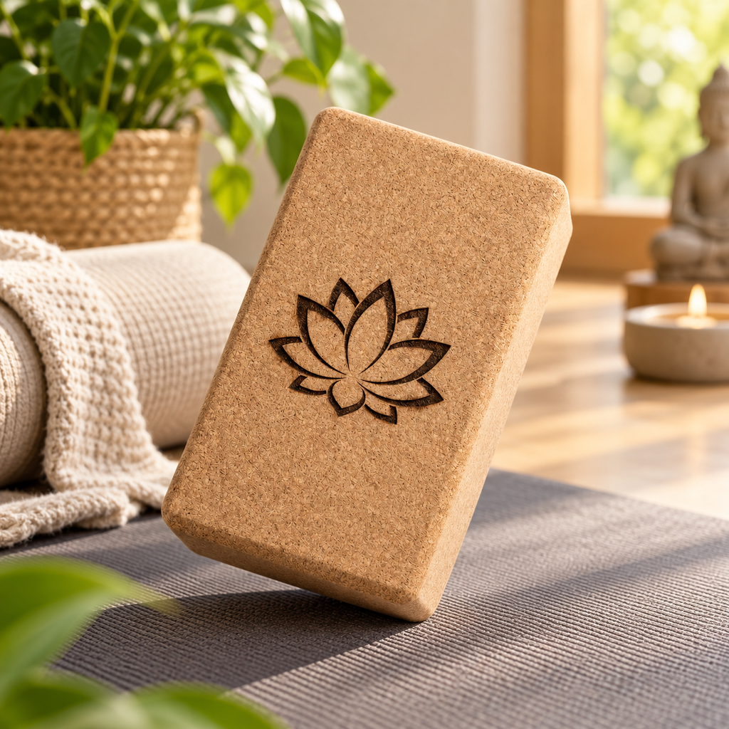 Custom laser engraved cork yoga block with a lotus design in a warm wellness setting.