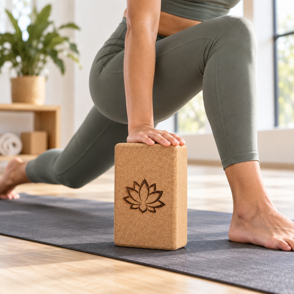 Custom engraved cork yoga block used as hand support during a yoga lunge.