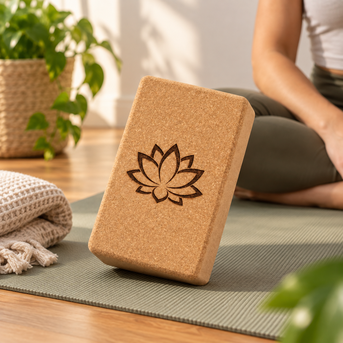 Custom engraved cork yoga block beside a seated yoga practitioner on a mat.
