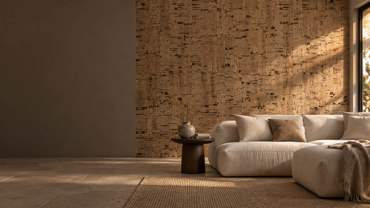 AI-generated illustrative living room inspired by Linea cork wall tiles.