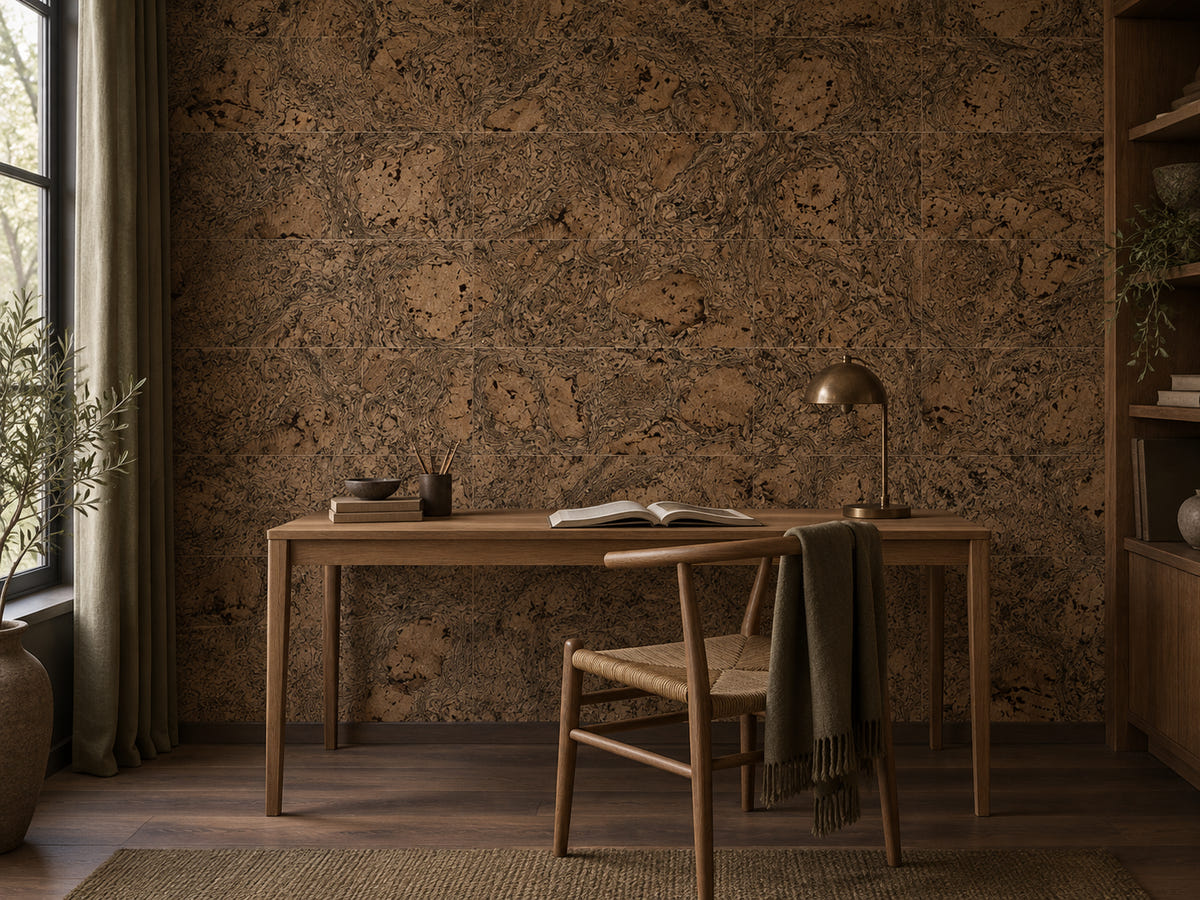 AI-generated illustrative study inspired by Saphira Black cork wall tiles.