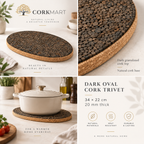 Dark oval cork trivet editorial collage with official CorkMart logo, 34 × 22 cm and 20 mm thickness