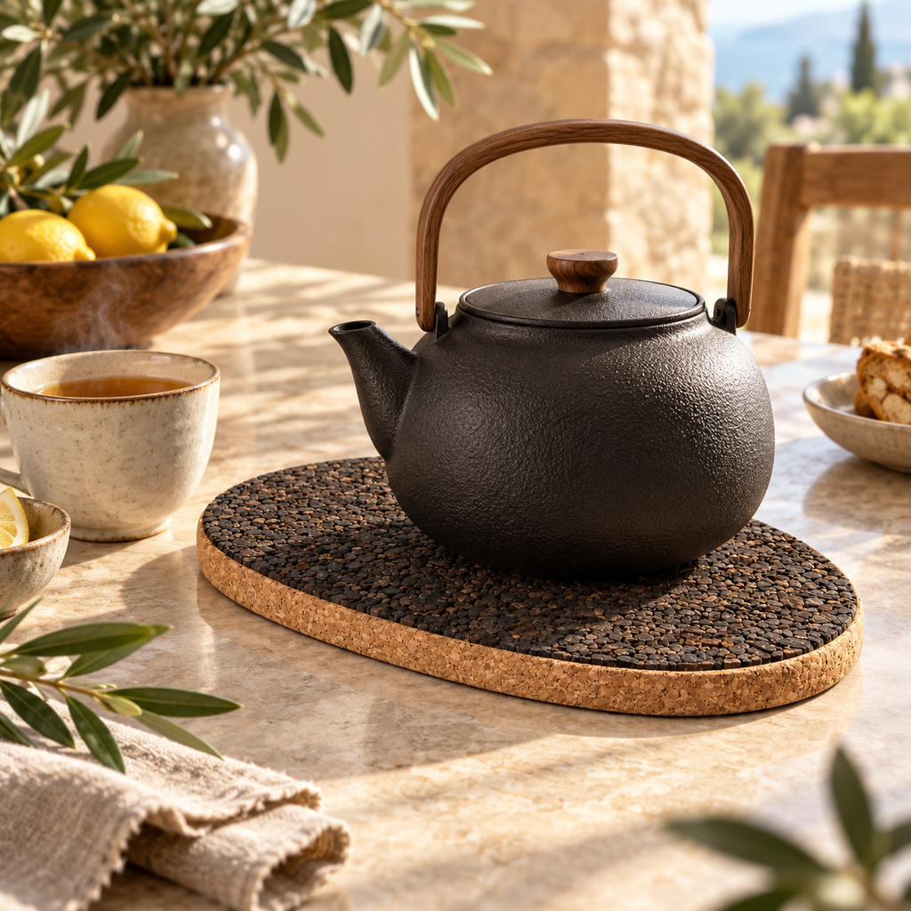 Dark oval cork trivet in a warm Mediterranean tea table setting