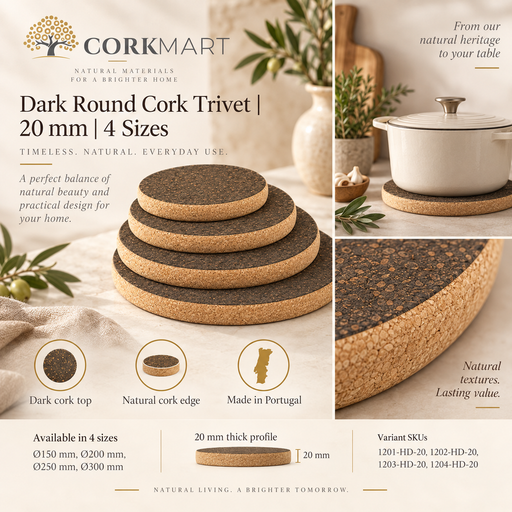 CorkMart Dark Round Cork Trivet infographic - 20 mm, four sizes, SKUs 1201-HD-20 to 1204-HD-20