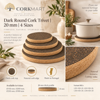 CorkMart Dark Round Cork Trivet infographic - 20 mm, four sizes, SKUs 1201-HD-20 to 1204-HD-20