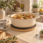 Dark Round Cork Trivet supporting hot cookware in a premium Mediterranean kitchen