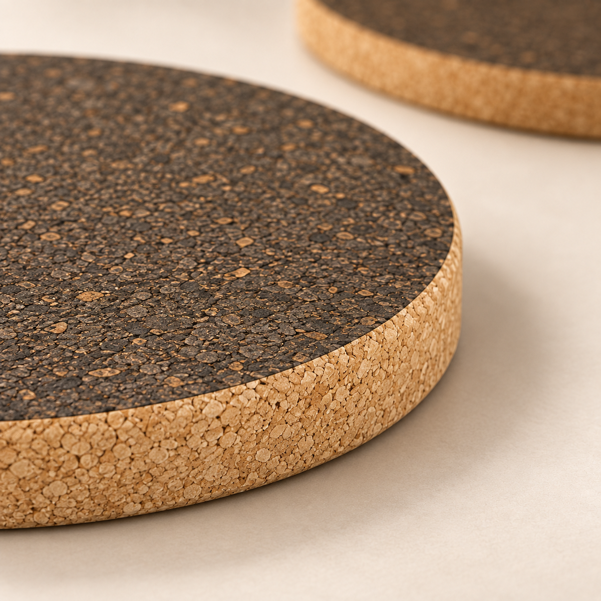 Dark Round Cork Trivet - close-up of dark cork surface and natural cork edge