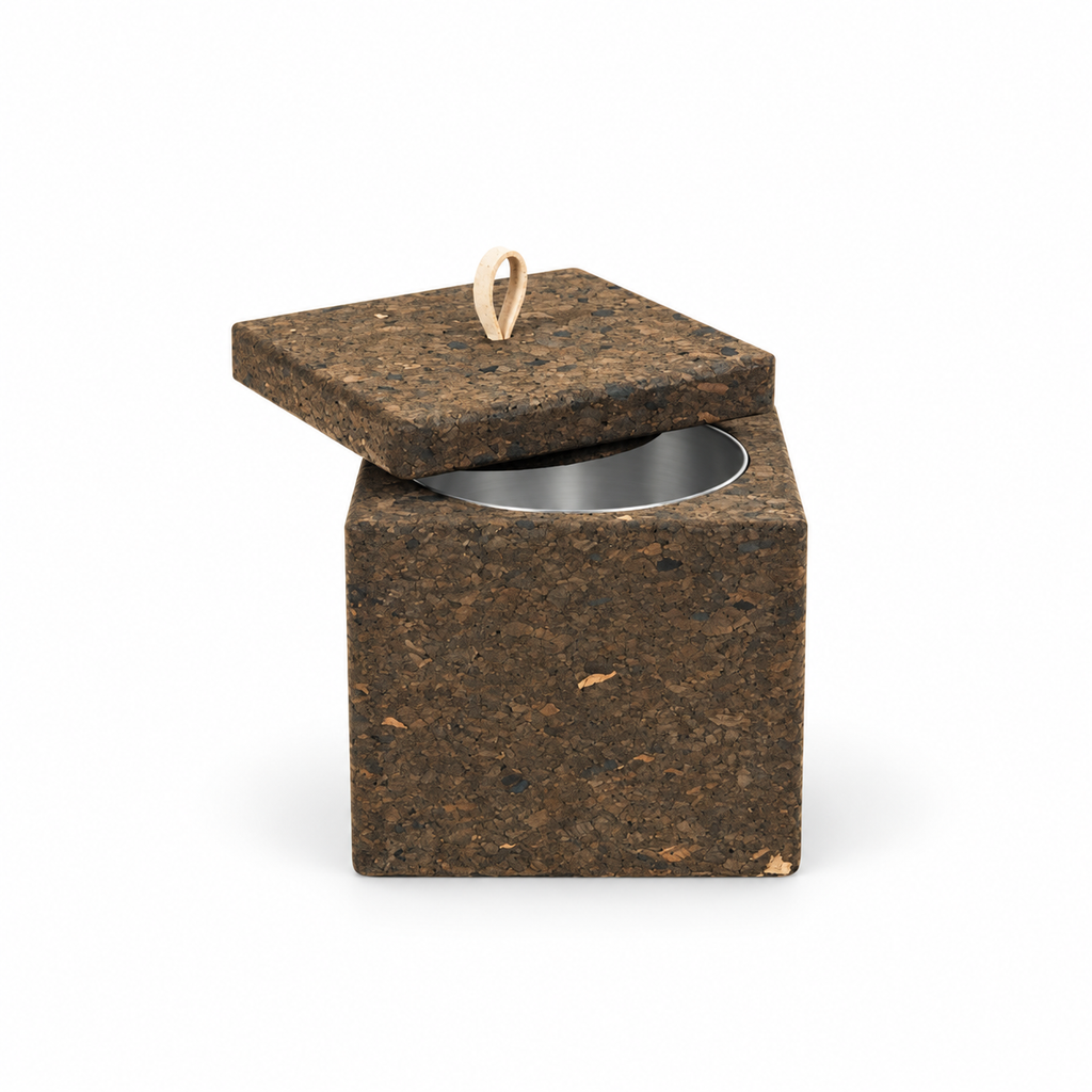 Dark square cork cooler with lid, 140 × 140 × 140 mm, dark cork finish with metal interior on white background