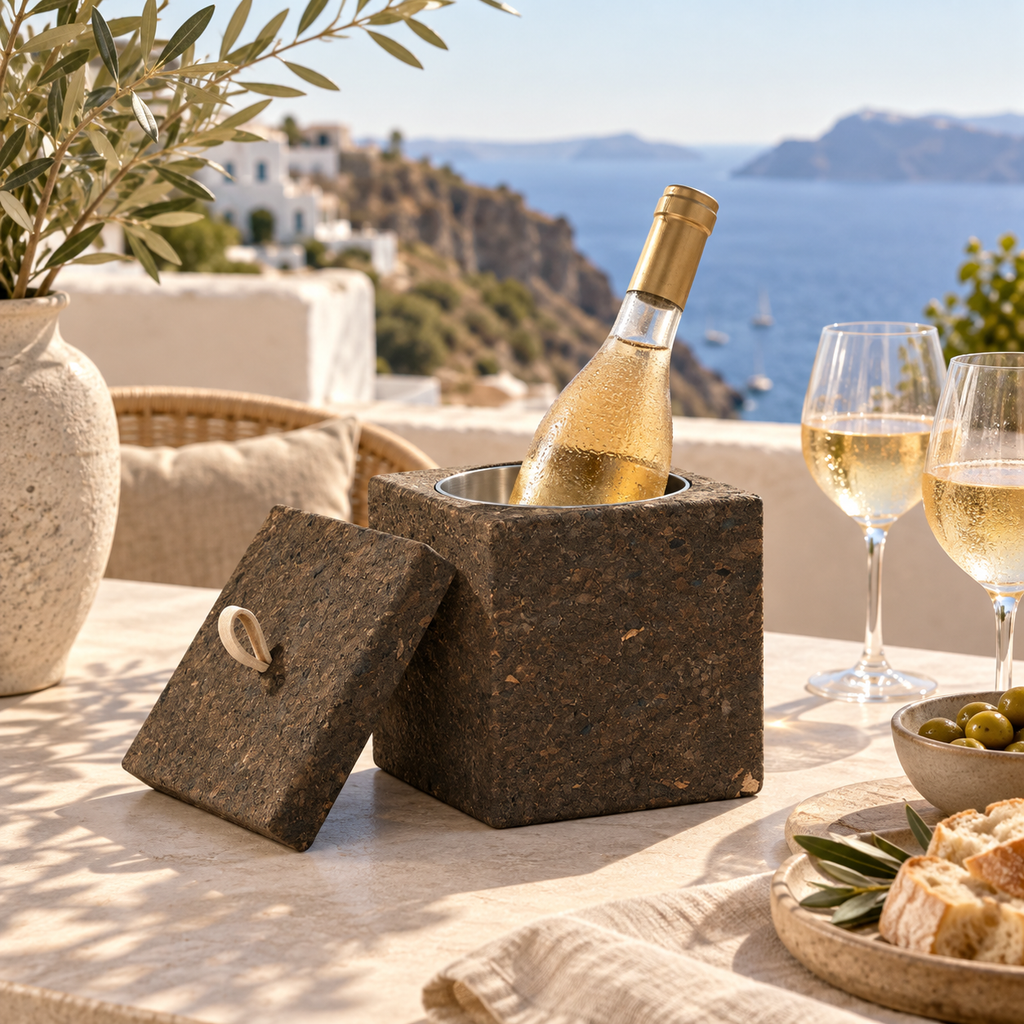 Dark square cork cooler with chilled bottle, removable lid and glasses in a Mediterranean lifestyle setting