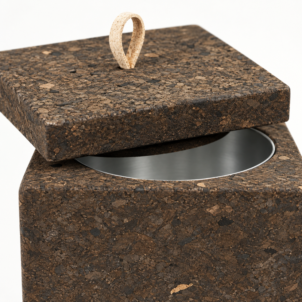 Macro detail of dark cork texture, lid edge, loop detail and metal insert on square cork cooler