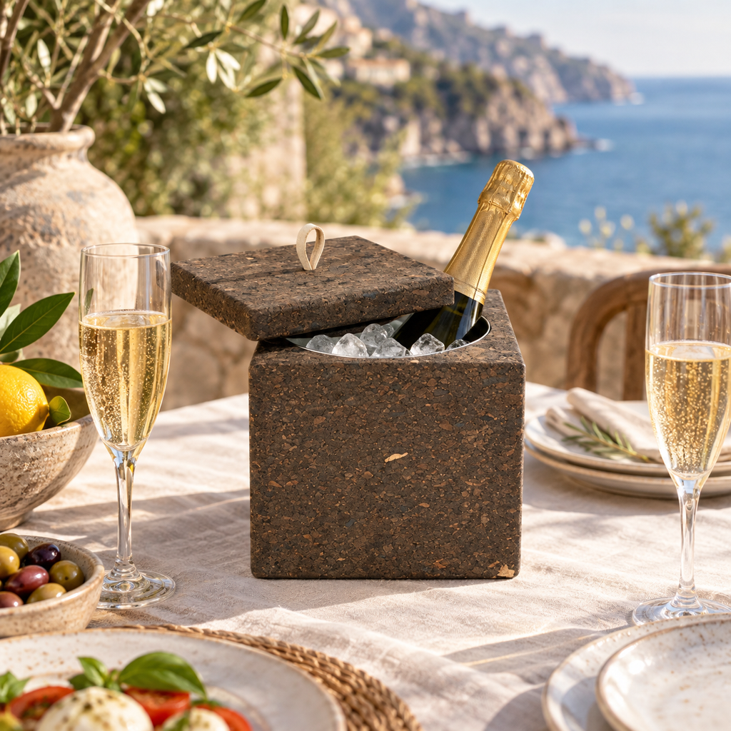 Dark square cork cooler used with chilled sparkling wine and ice in a Mediterranean dining setting