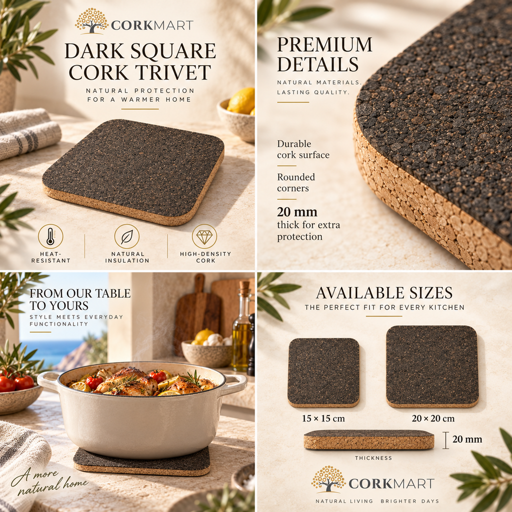 Dark square cork trivet editorial collage with official CorkMart branding, 20 mm thickness, 15 × 15 cm and 20 × 20 cm sizes