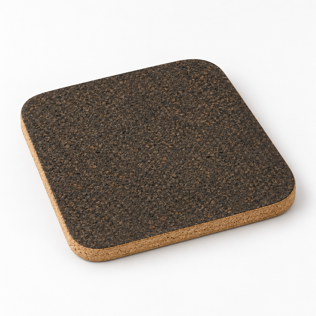 Dark square cork trivet, 20 mm, available in 15 × 15 cm and 20 × 20 cm — premium studio hero