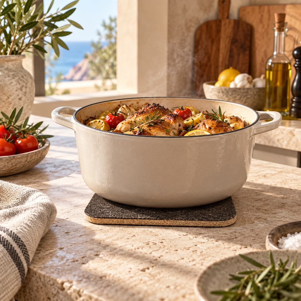 Dark square cork trivet supporting a hot casserole in a bright Mediterranean kitchen setting