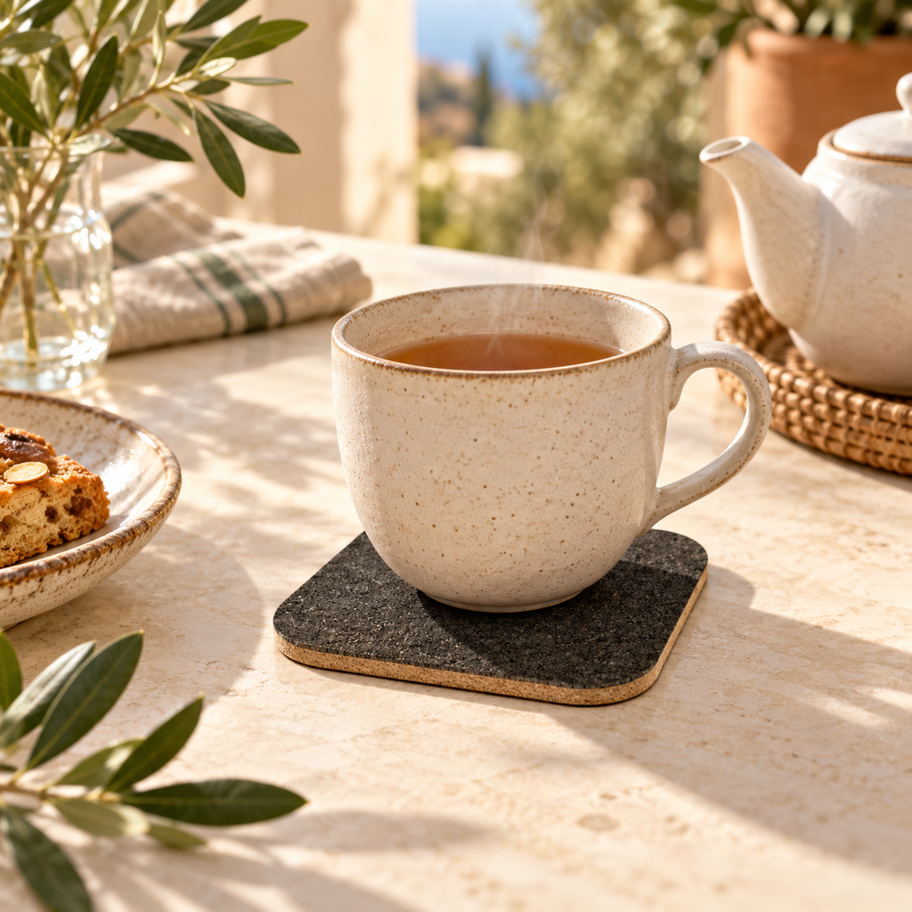 Dark square cork trivet in a bright Mediterranean tea table setting