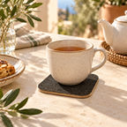 Dark square cork trivet in a bright Mediterranean tea table setting