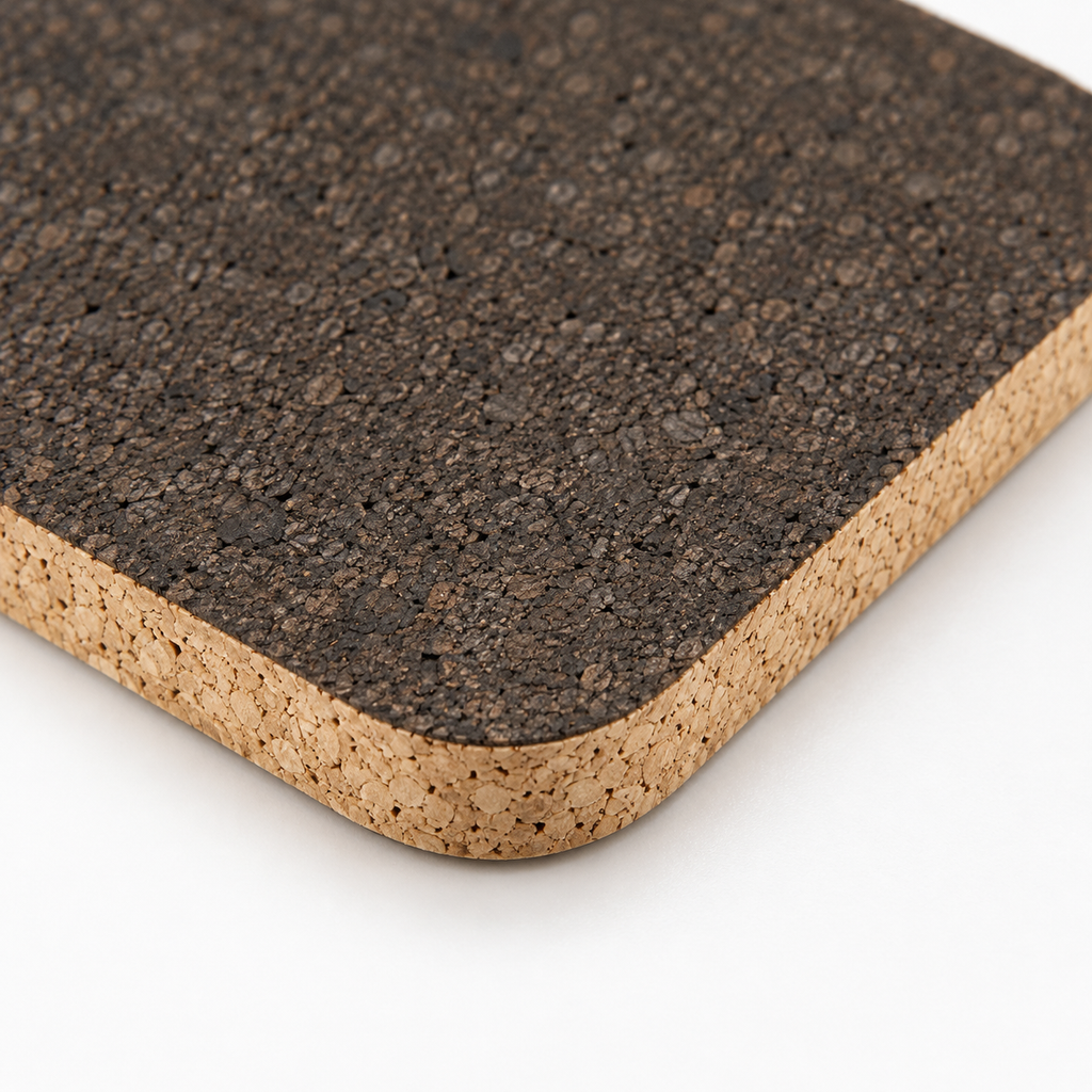 Macro close-up of dark high-density cork trivet surface and 20 mm profile