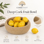 Deep cork fruit bowl infographic with Ø30 × 8 cm dimensions, 890 g weight, natural cork material and Made in Portugal