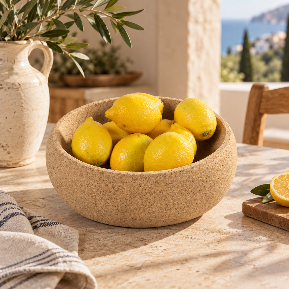 Deep cork fruit bowl styled with lemons in a warm Mediterranean interior