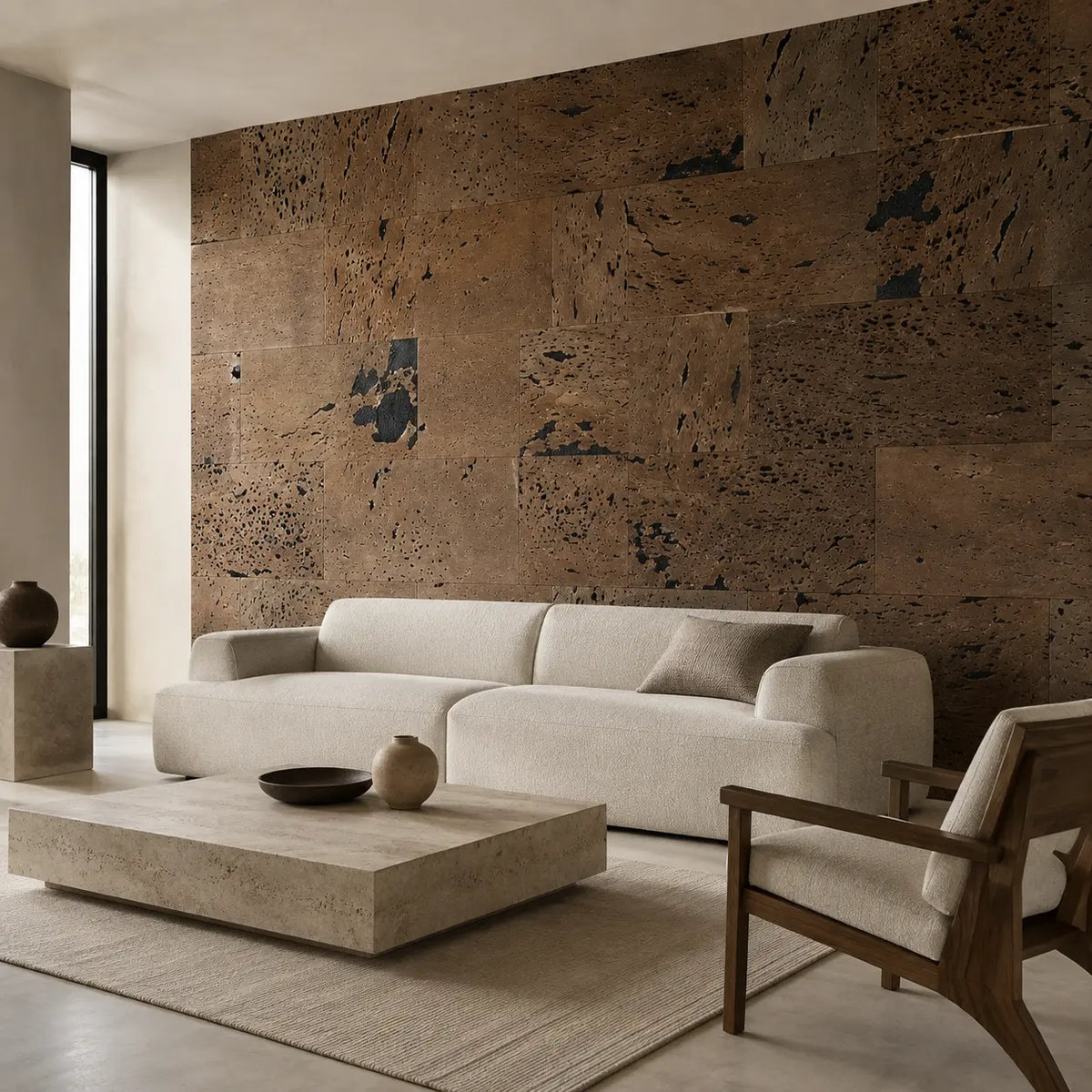 Europe Black cork wall tile shown in a conceptual architectural interior visualization