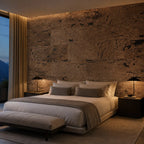 Europe Black cork wall tile shown in a conceptual residential bedroom visualization