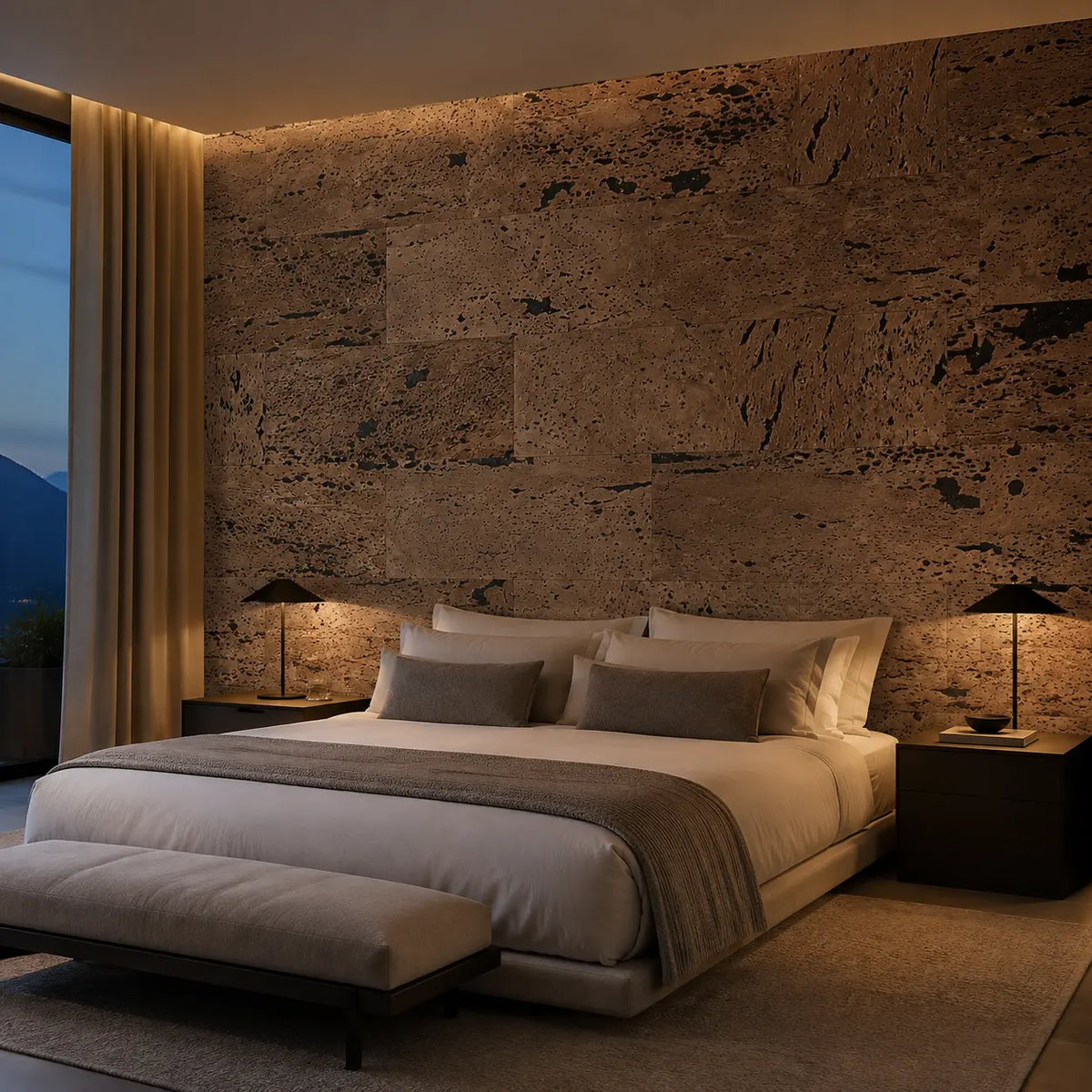 Europe Black cork wall tile shown in a conceptual residential bedroom visualization