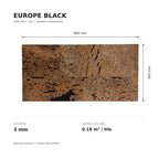 Europe Black cork wall tile dimensions for the 600 × 300 × 3 mm format; 300 × 300 mm format also available