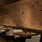 Europe Black cork wall tile shown in a conceptual hospitality restaurant visualization
