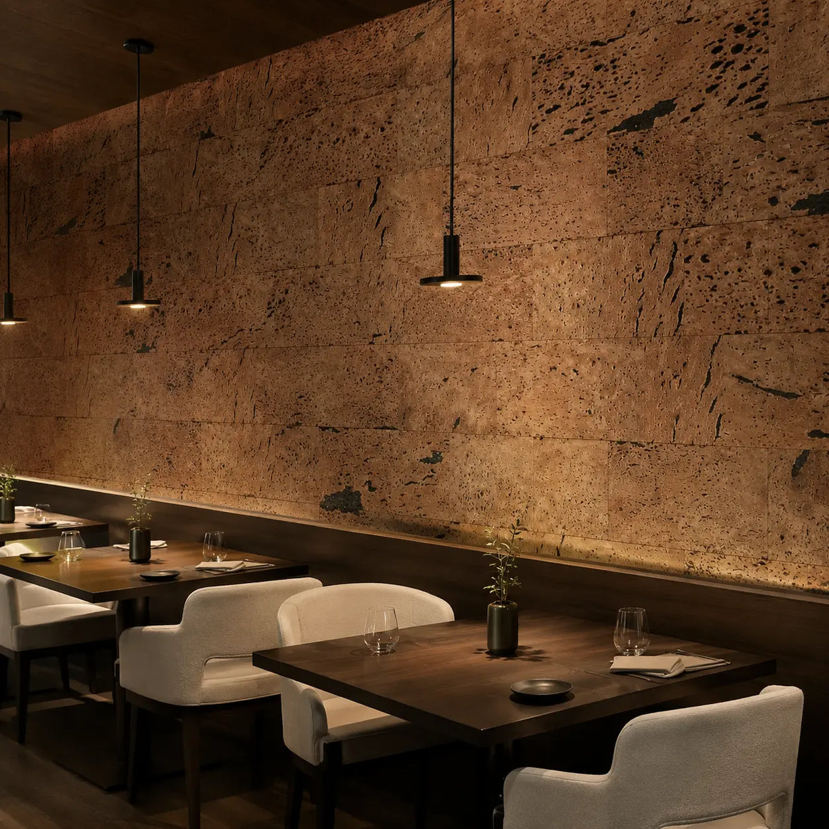 Europe Black cork wall tile shown in a conceptual hospitality restaurant visualization