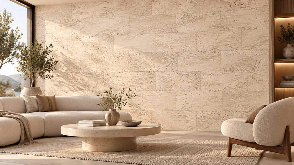 Europe Cream cork wall tile shown in a conceptual architectural interior visualization