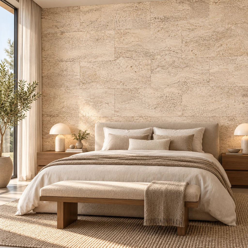 Europe Cream cork wall tile shown in a conceptual residential bedroom visualization