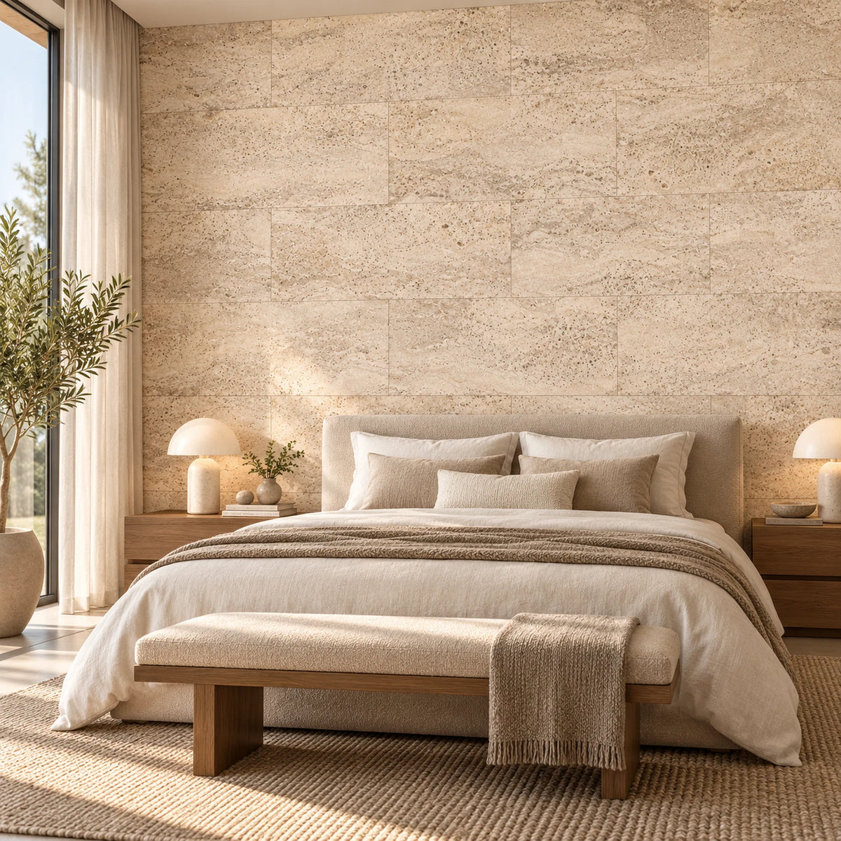 Europe Cream cork wall tile shown in a conceptual residential bedroom visualization