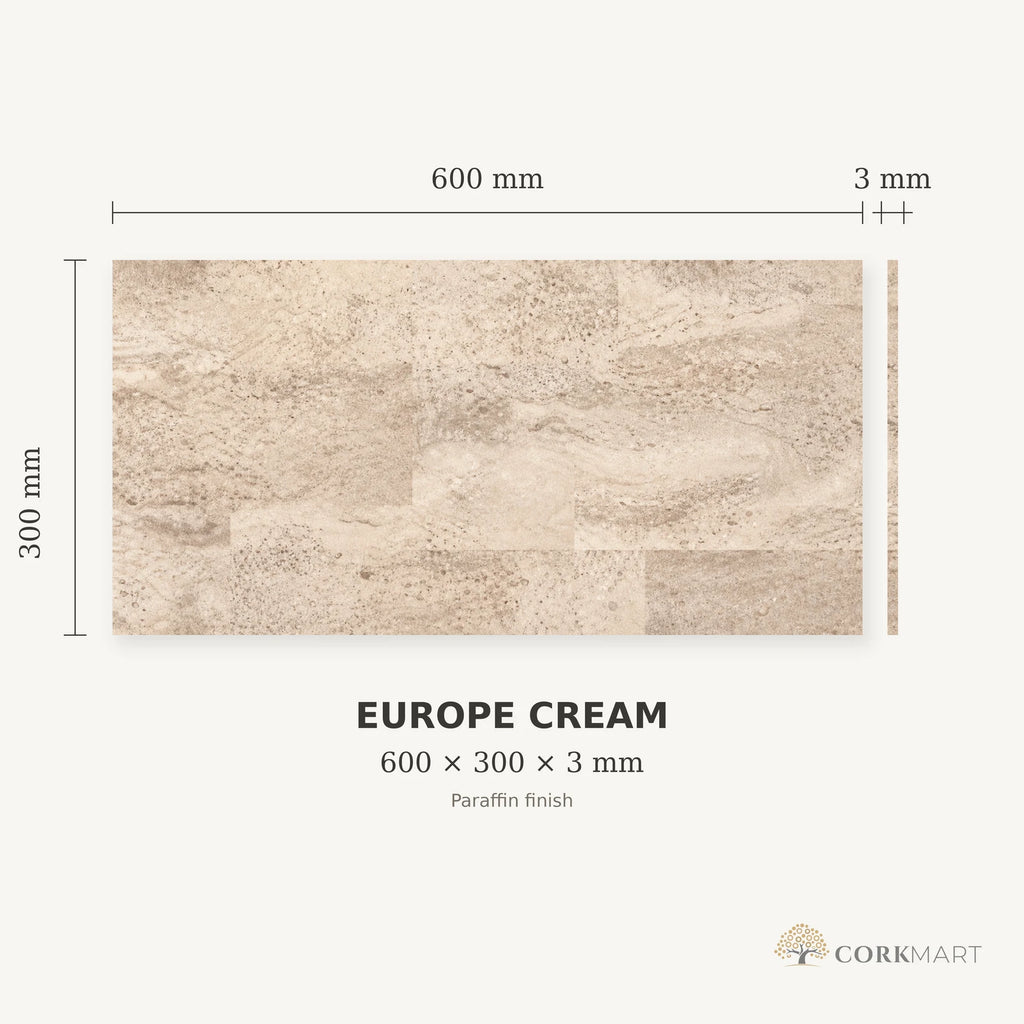 Europe Cream cork wall tile dimensions for the 600 × 300 × 3 mm format; 300 × 300 mm format also available
