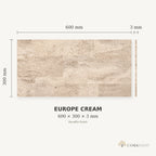 Europe Cream cork wall tile dimensions for the 600 × 300 × 3 mm format; 300 × 300 mm format also available