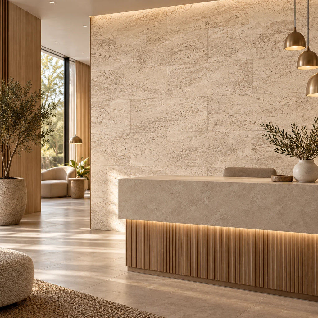 Europe Cream cork wall tile shown in a conceptual hospitality reception visualization