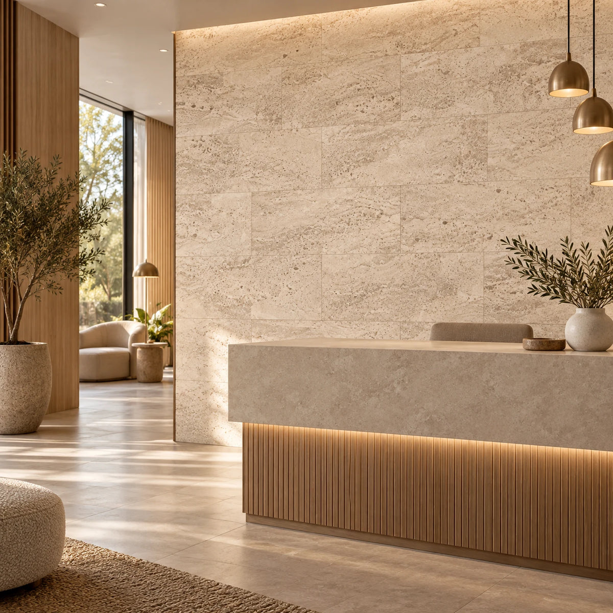 Europe Cream cork wall tile shown in a conceptual hospitality reception visualization