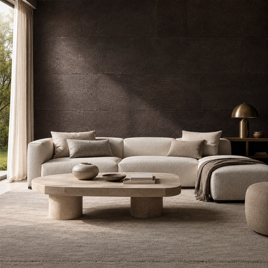 Europe Dark cork wall tile shown in a conceptual architectural interior visualization