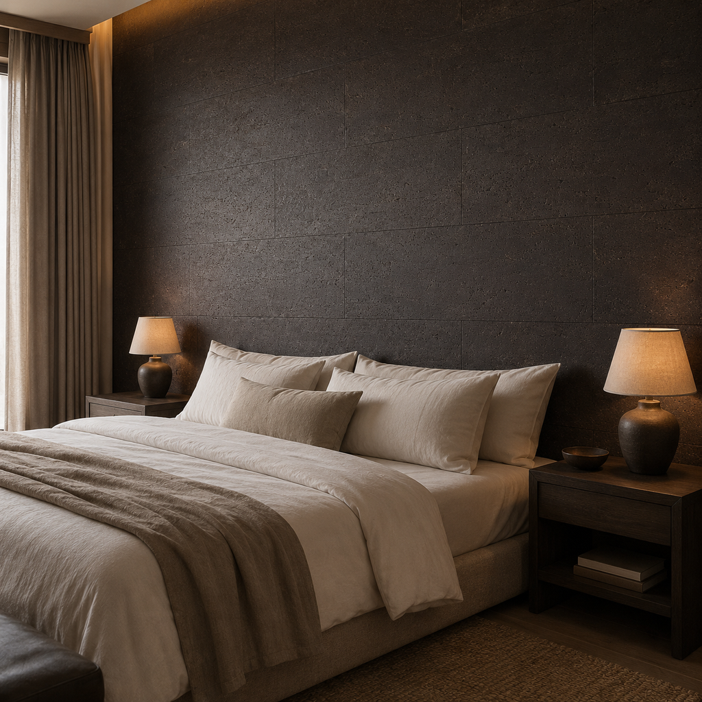 Europe Dark cork wall tile shown in a conceptual residential bedroom visualization