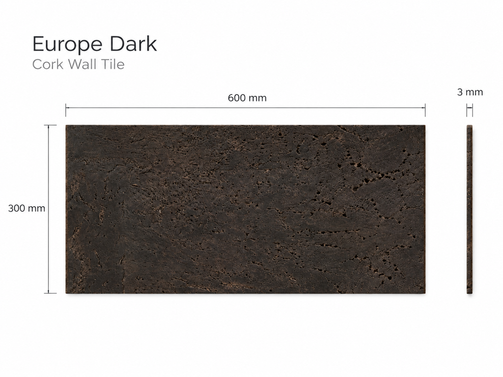 Europe Dark cork wall tile dimensions illustration for the 600 × 300 × 3 mm format; 300 × 300 mm format also available