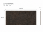 Europe Dark cork wall tile dimensions illustration for the 600 × 300 × 3 mm format; 300 × 300 mm format also available