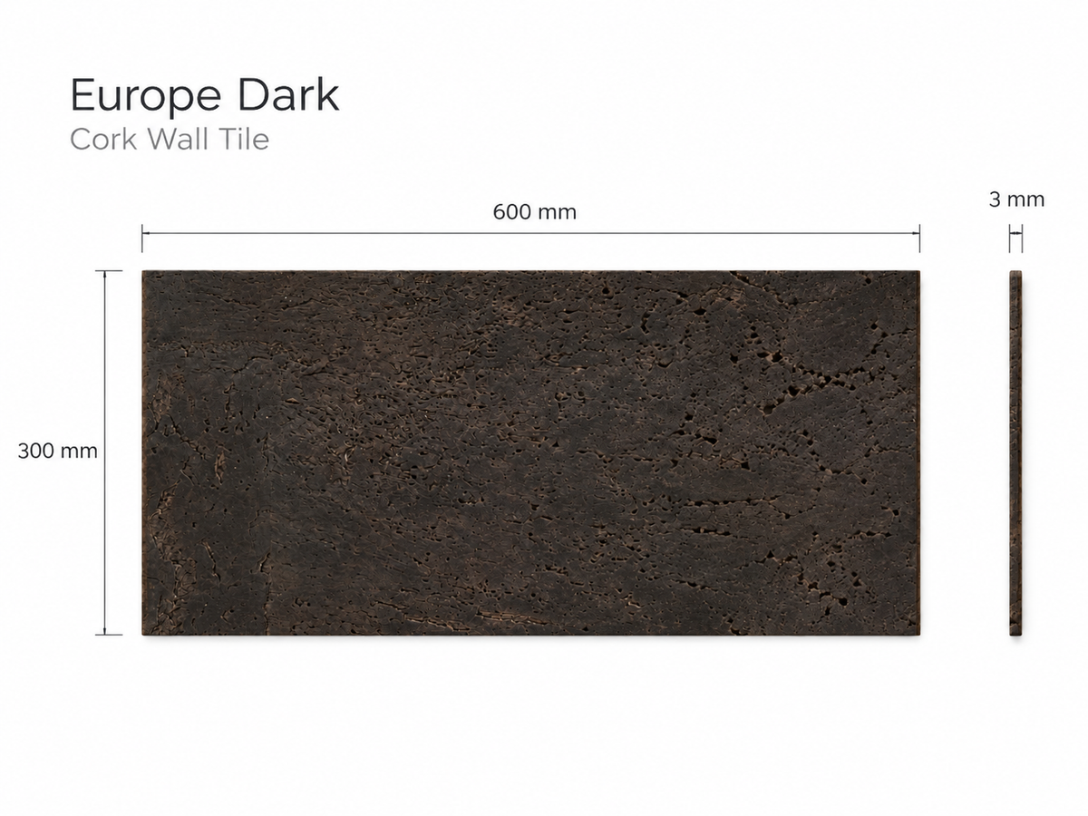 Europe Dark cork wall tile dimensions illustration for the 600 × 300 × 3 mm format; 300 × 300 mm format also available