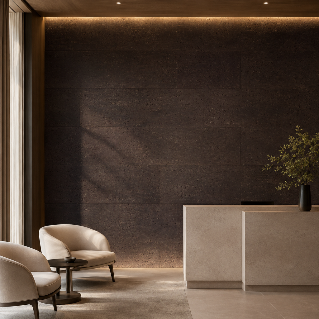 Europe Dark cork wall tile shown in a conceptual hospitality reception visualization