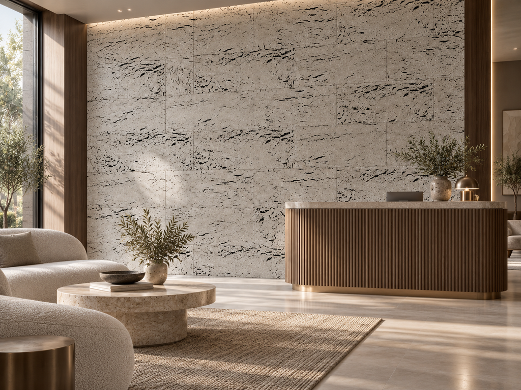 Europe Marble I cork wall tile in a refined hospitality reception interior