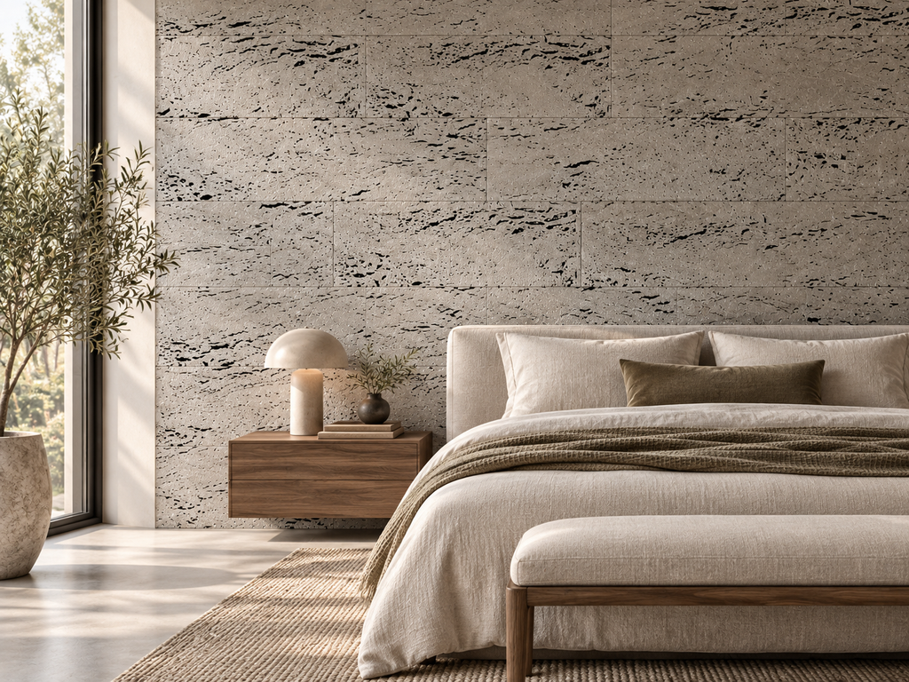 Europe Marble I cork wall tile in a premium residential bedroom