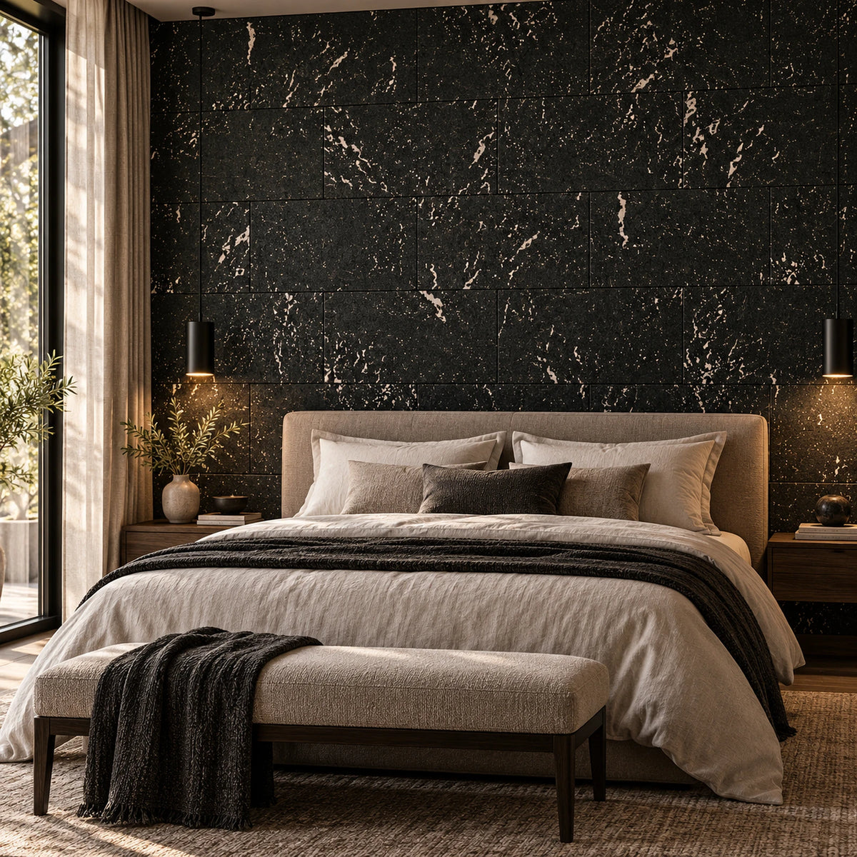 Europe Marble II cork wall tile shown in a conceptual residential bedroom visualization